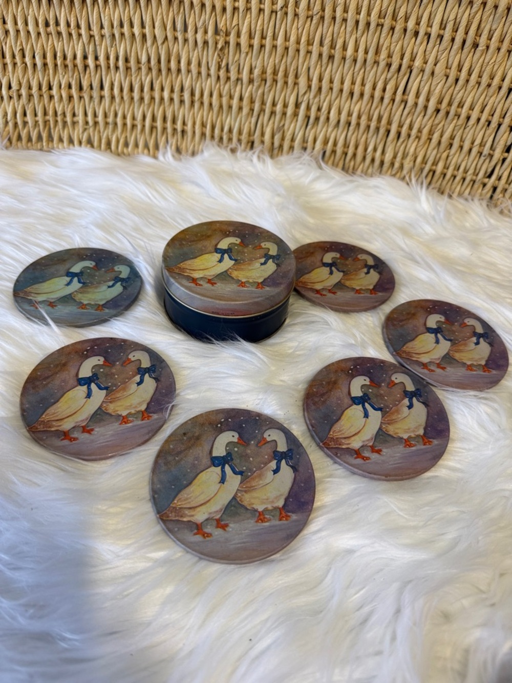 Set of 6 Round Cork Back Coasters with Goose Illustration In Tin - Vintage